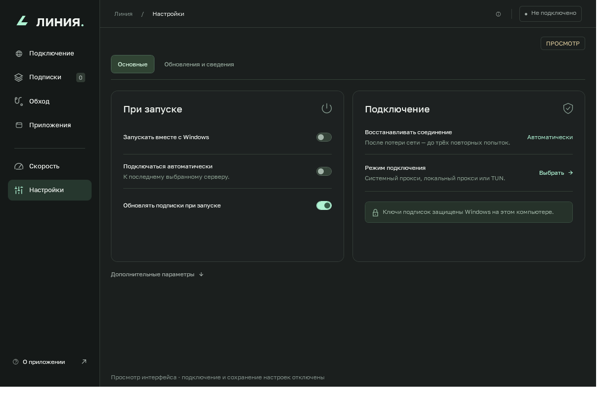 Реальный интерфейс настроек Линии 0.6.5 в режиме просмотра: параметры запуска, автоматического подключения и восстановления соединения. Личные подписки не загружены.